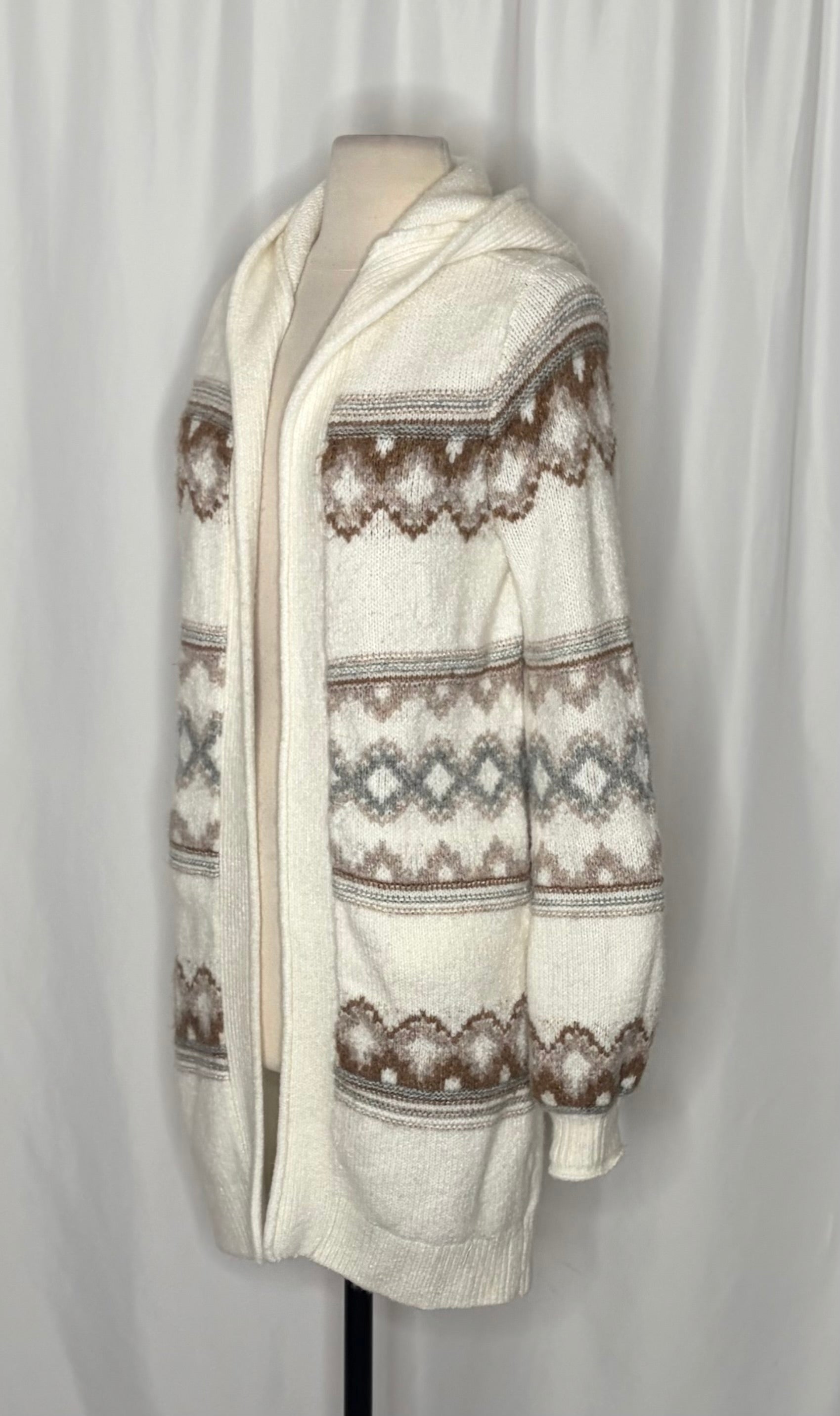 ABERCROMBIE & FITCH Fair Isle Hooded Long Cardigan Sweater Cream Fairisle XS