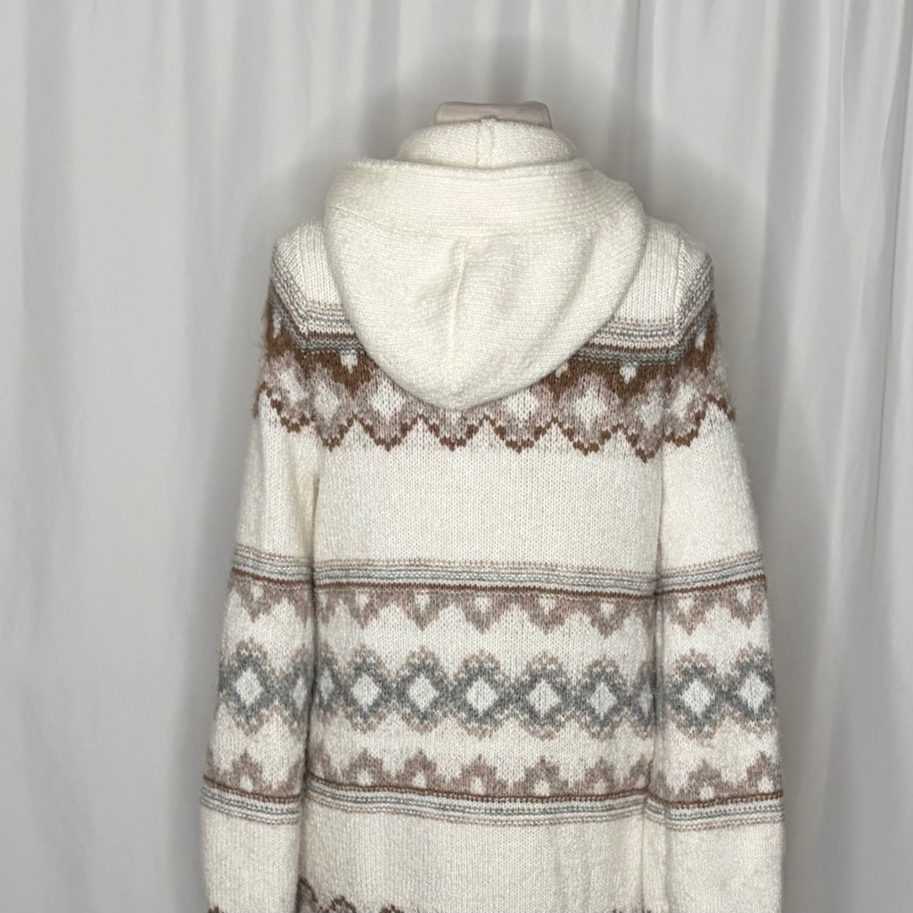 ABERCROMBIE & FITCH Fair Isle Hooded Long Cardigan Sweater Cream Fairisle XS