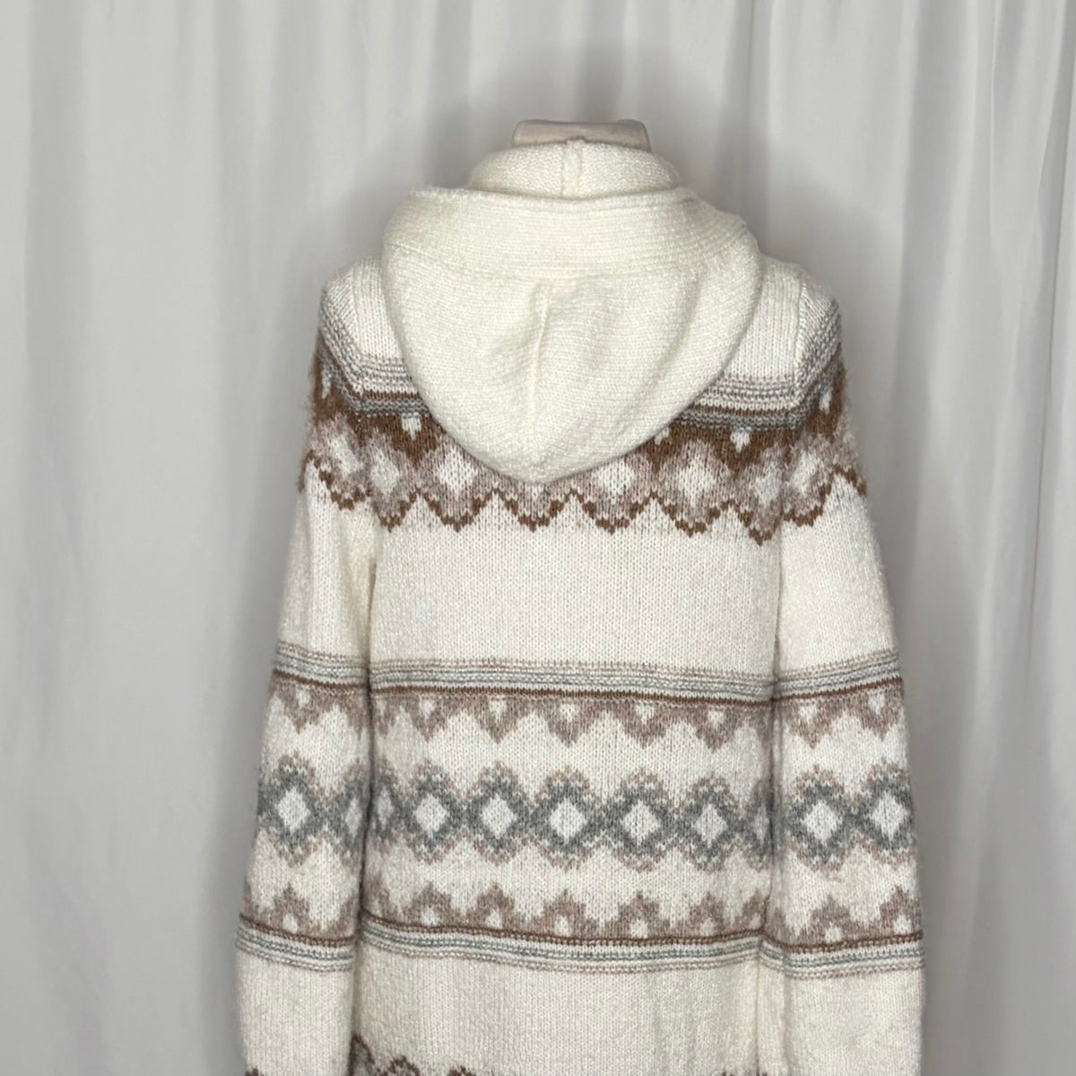 ABERCROMBIE & FITCH Fair Isle Hooded Long Cardigan Sweater Cream Fairisle XS