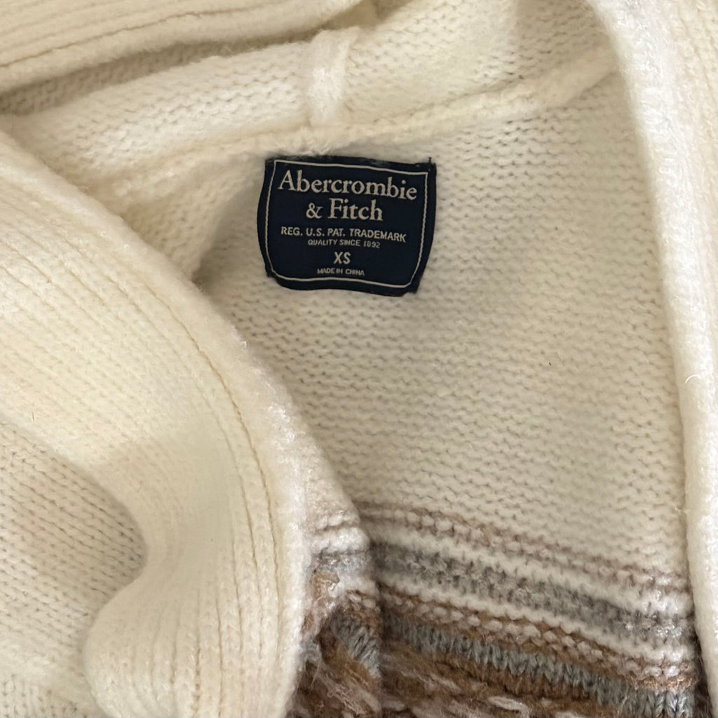 ABERCROMBIE & FITCH Fair Isle Hooded Long Cardigan Sweater Cream Fairisle XS