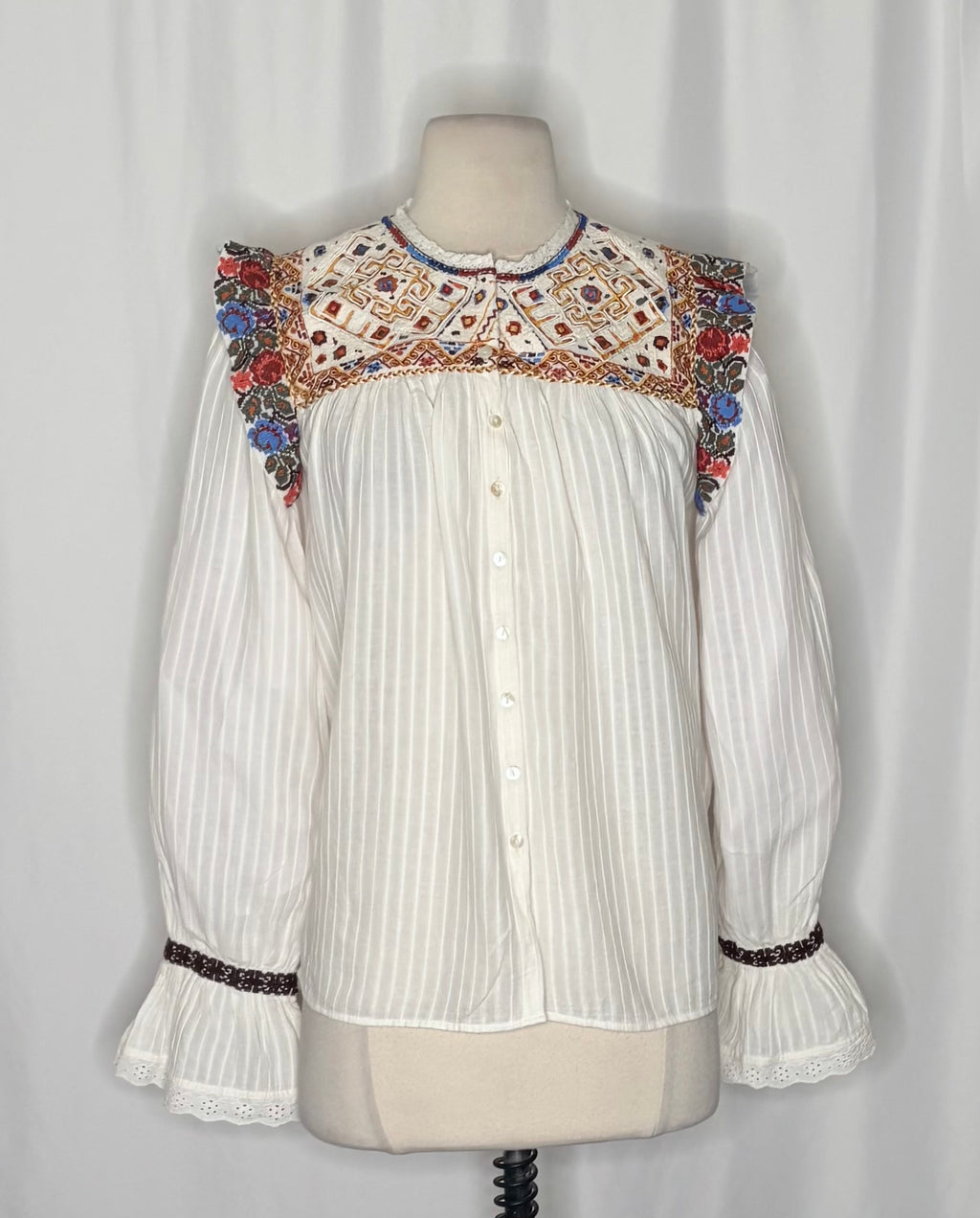 ANTIK BATIK Bernadette Embroidered Cotton Blouse White Boho Bohemian Small 38