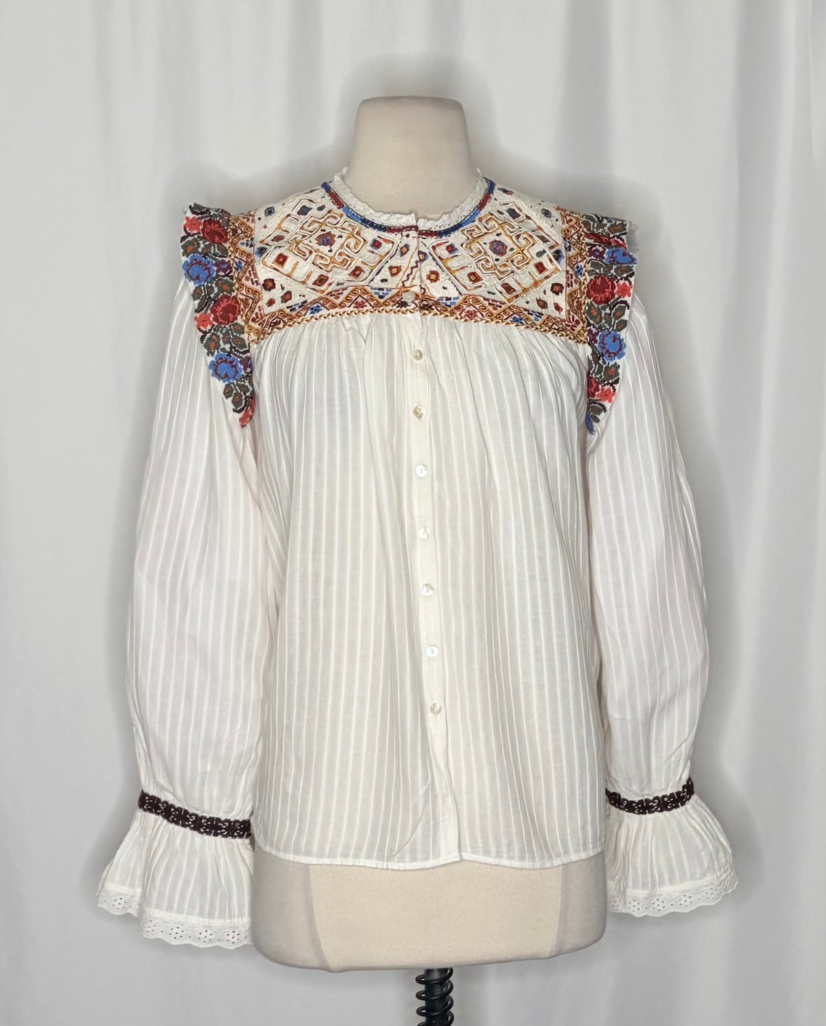 ANTIK BATIK Bernadette Embroidered Cotton Blouse White Boho Bohemian Small 38