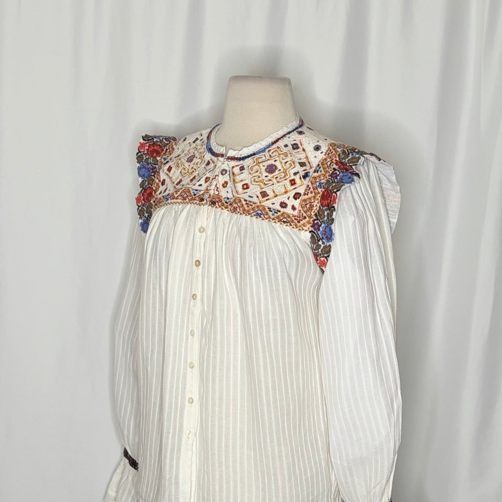 ANTIK BATIK Bernadette Embroidered Cotton Blouse White Boho Bohemian Small 38