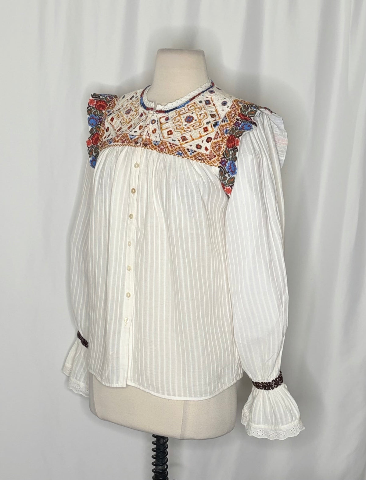 ANTIK BATIK Bernadette Embroidered Cotton Blouse White Boho Bohemian Small 38