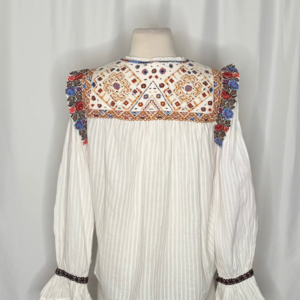 ANTIK BATIK Bernadette Embroidered Cotton Blouse White Boho Bohemian Small 38