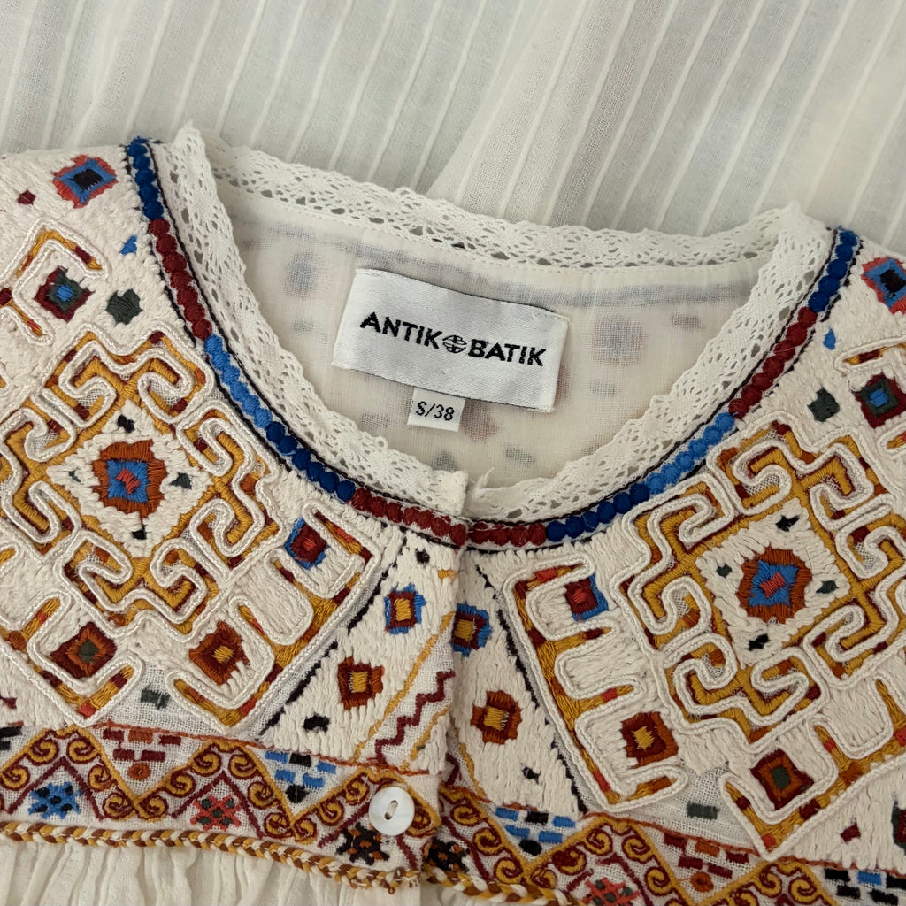 ANTIK BATIK Bernadette Embroidered Cotton Blouse White Boho Bohemian Small 38