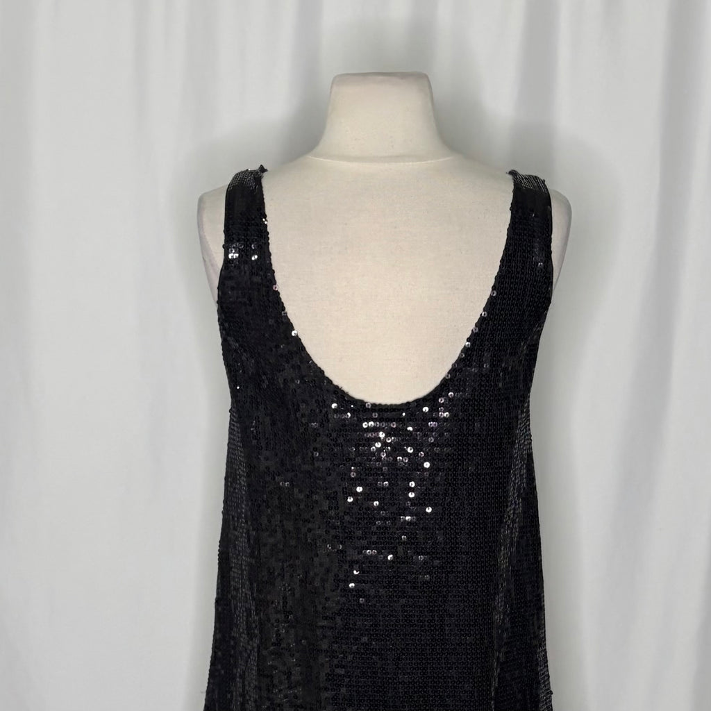 FREE PEOPLE Black Sequin Shift Mini Dress Scoop Back Party Cocktail Size 2