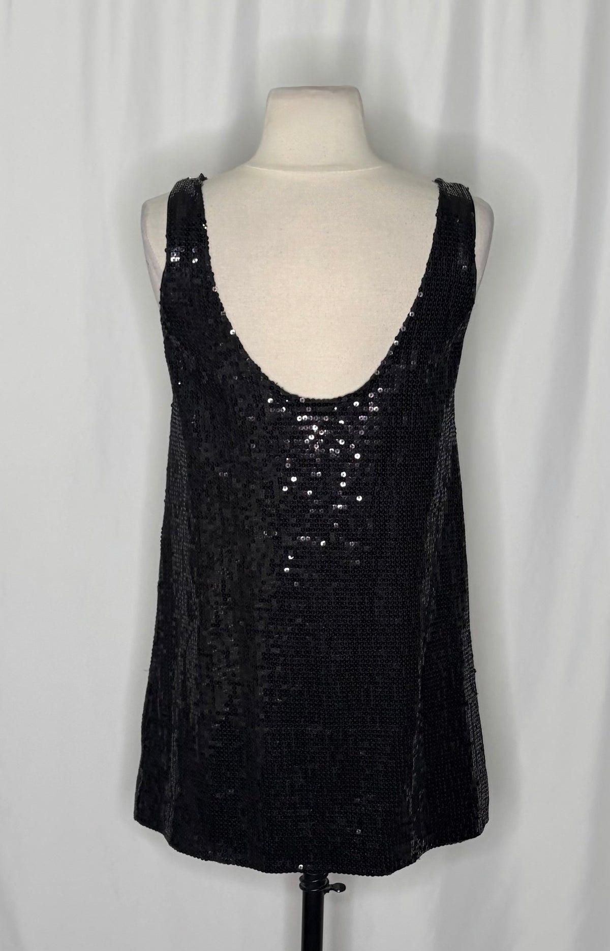 FREE PEOPLE Black Sequin Shift Mini Dress Scoop Back Party Cocktail Size 2
