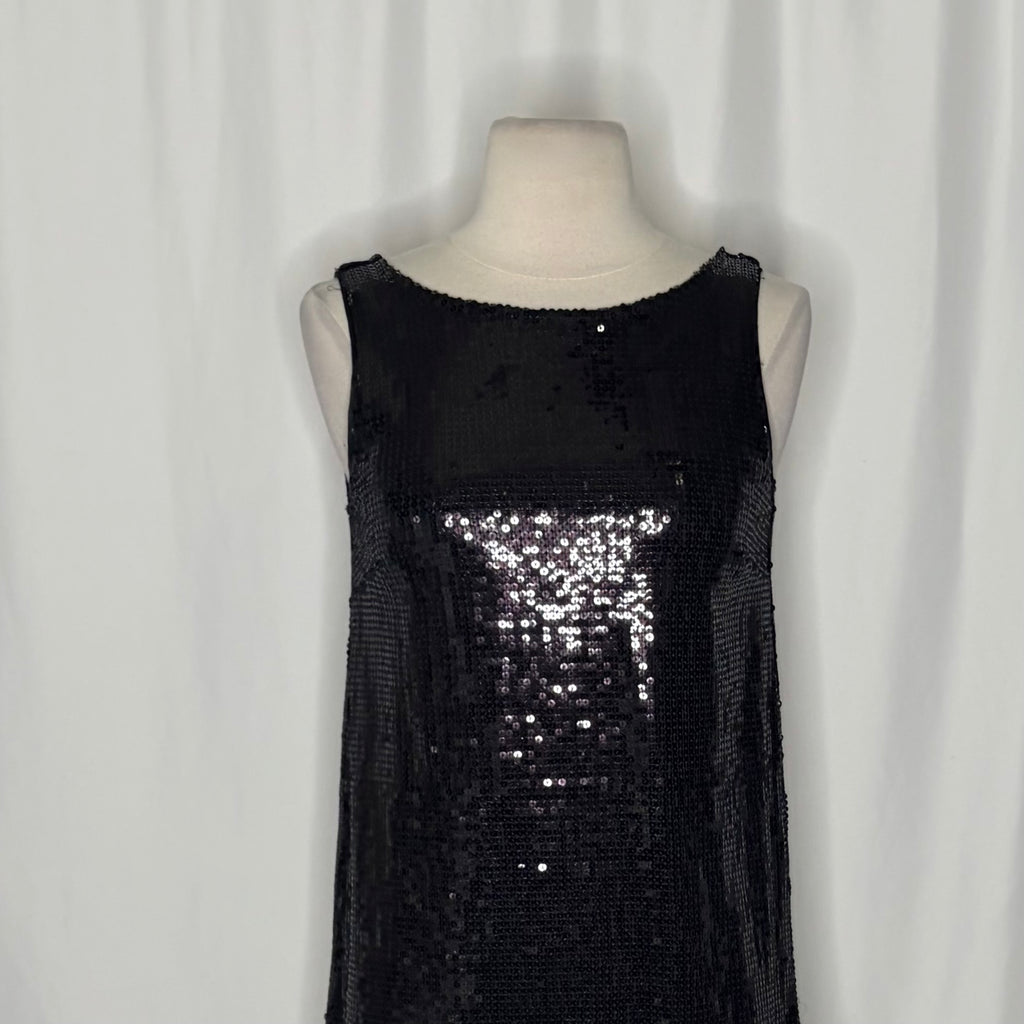 FREE PEOPLE Black Sequin Shift Mini Dress Scoop Back Party Cocktail Size 2