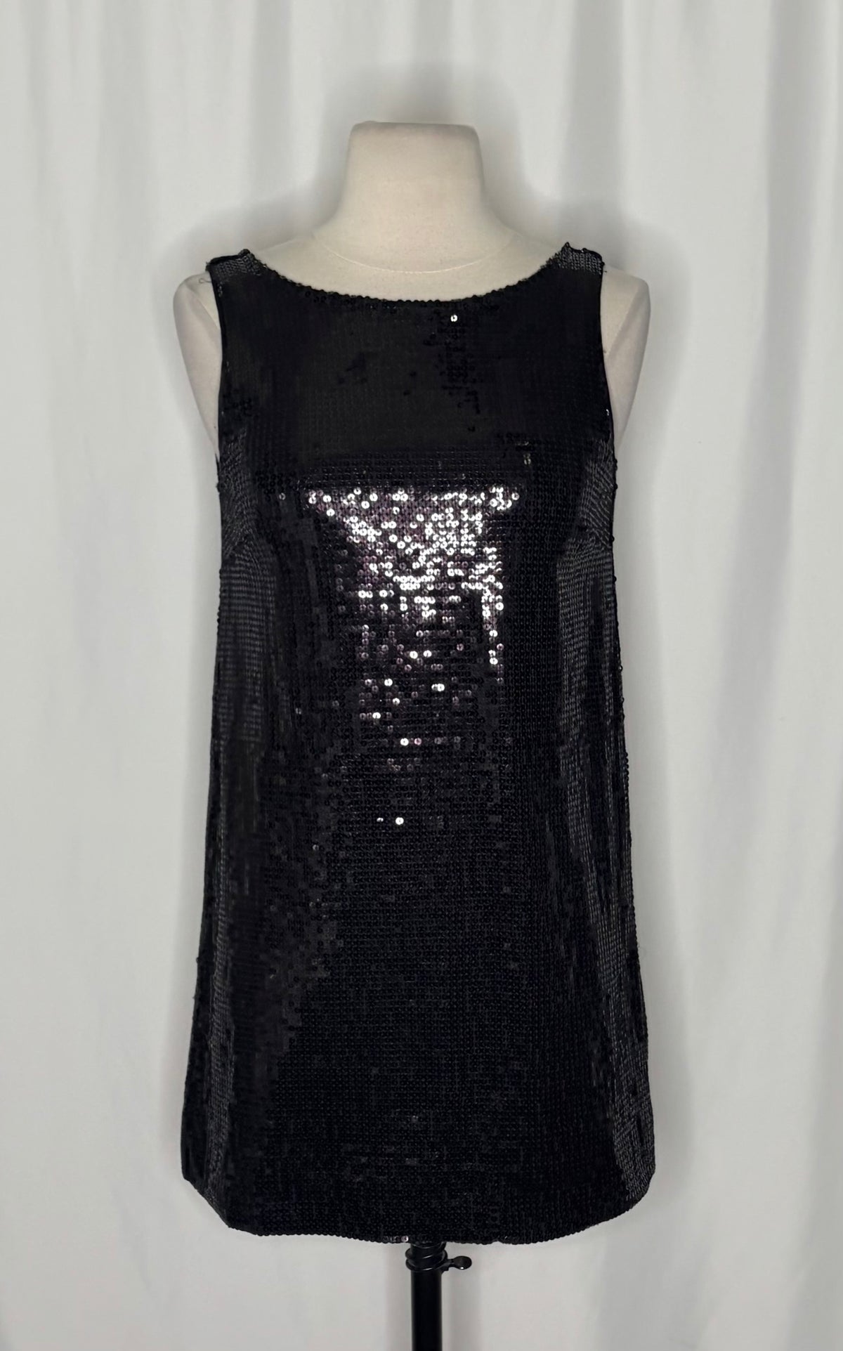 FREE PEOPLE Black Sequin Shift Mini Dress Scoop Back Party Cocktail Size 2