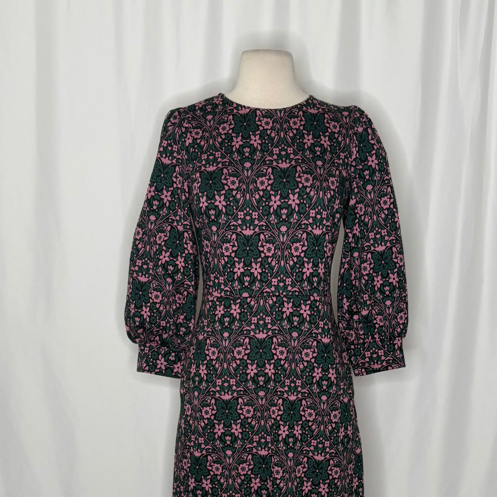 BODEN Blouson Sleeve Jacquard Midi Dress Heart Bloom Floral Green Pink US Size 2