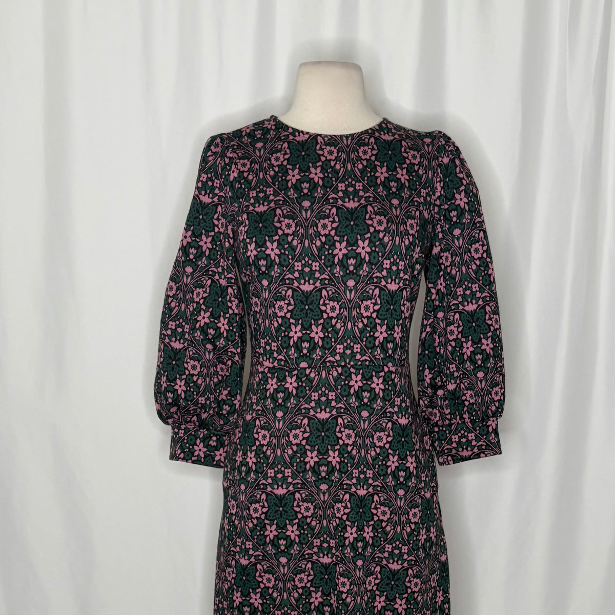 BODEN Blouson Sleeve Jacquard Midi Dress Heart Bloom Floral Green Pink US Size 2