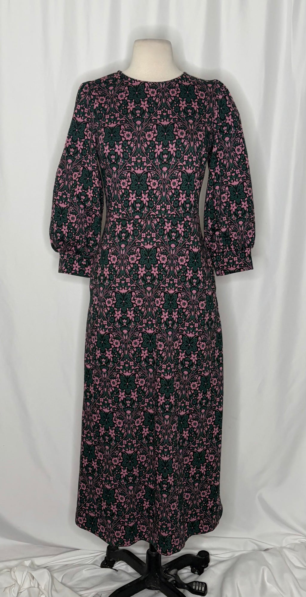 BODEN Blouson Sleeve Jacquard Midi Dress Heart Bloom Floral Green Pink US Size 2