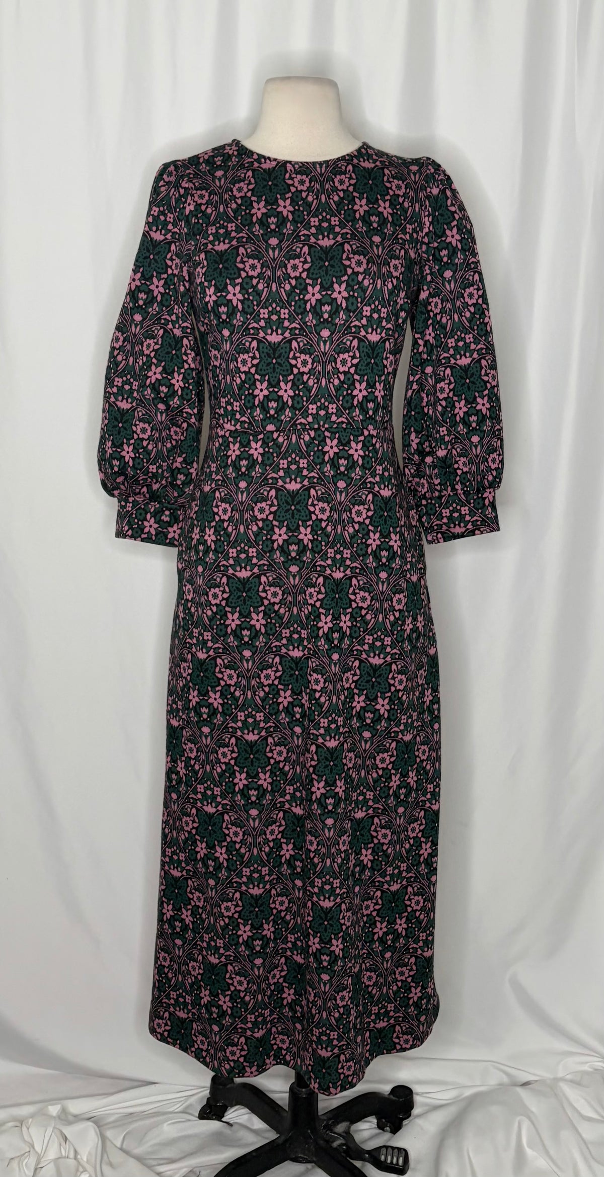 BODEN Blouson Sleeve Jacquard Midi Dress Heart Bloom Floral Green Pink US Size 2