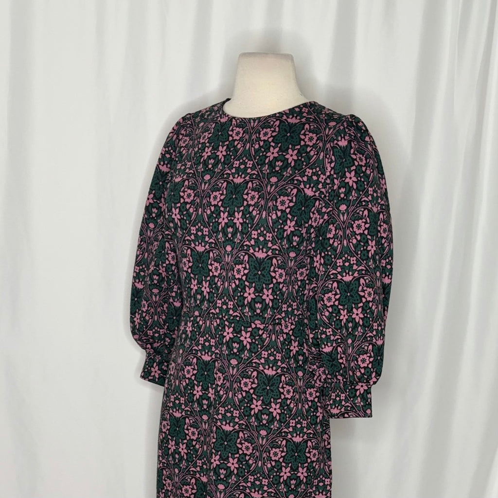 BODEN Blouson Sleeve Jacquard Midi Dress Heart Bloom Floral Green Pink US Size 2