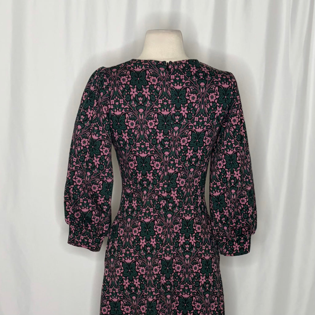 BODEN Blouson Sleeve Jacquard Midi Dress Heart Bloom Floral Green Pink US Size 2
