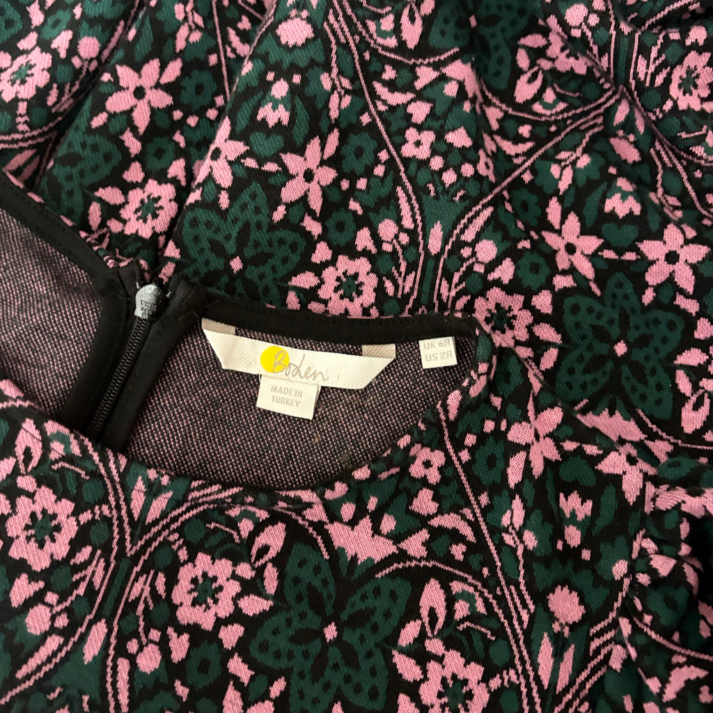 BODEN Blouson Sleeve Jacquard Midi Dress Heart Bloom Floral Green Pink US Size 2