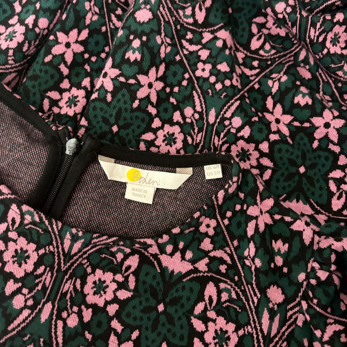 BODEN Blouson Sleeve Jacquard Midi Dress Heart Bloom Floral Green Pink US Size 2