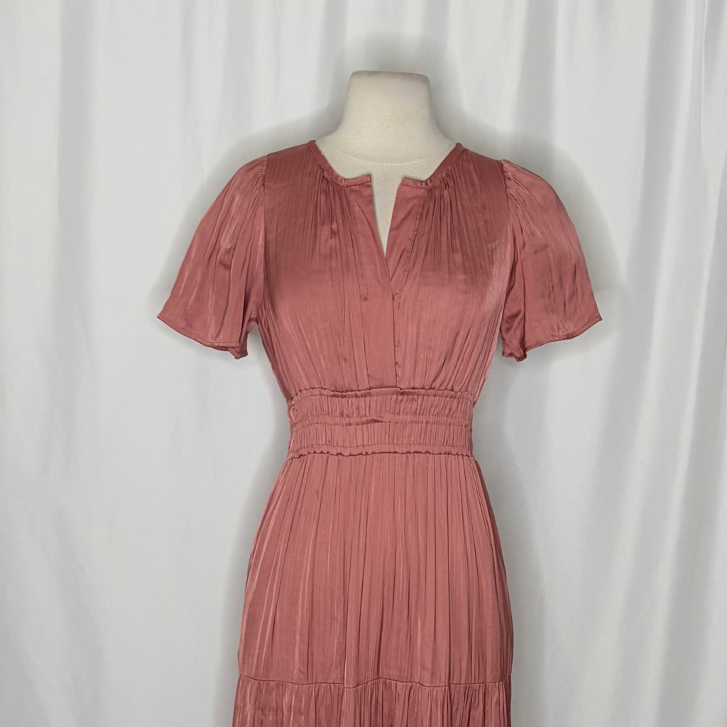 ANTHROPOLOGIE Somerset Satin Maxi Dress Rose Pink Mauve X-Small Petite XSP