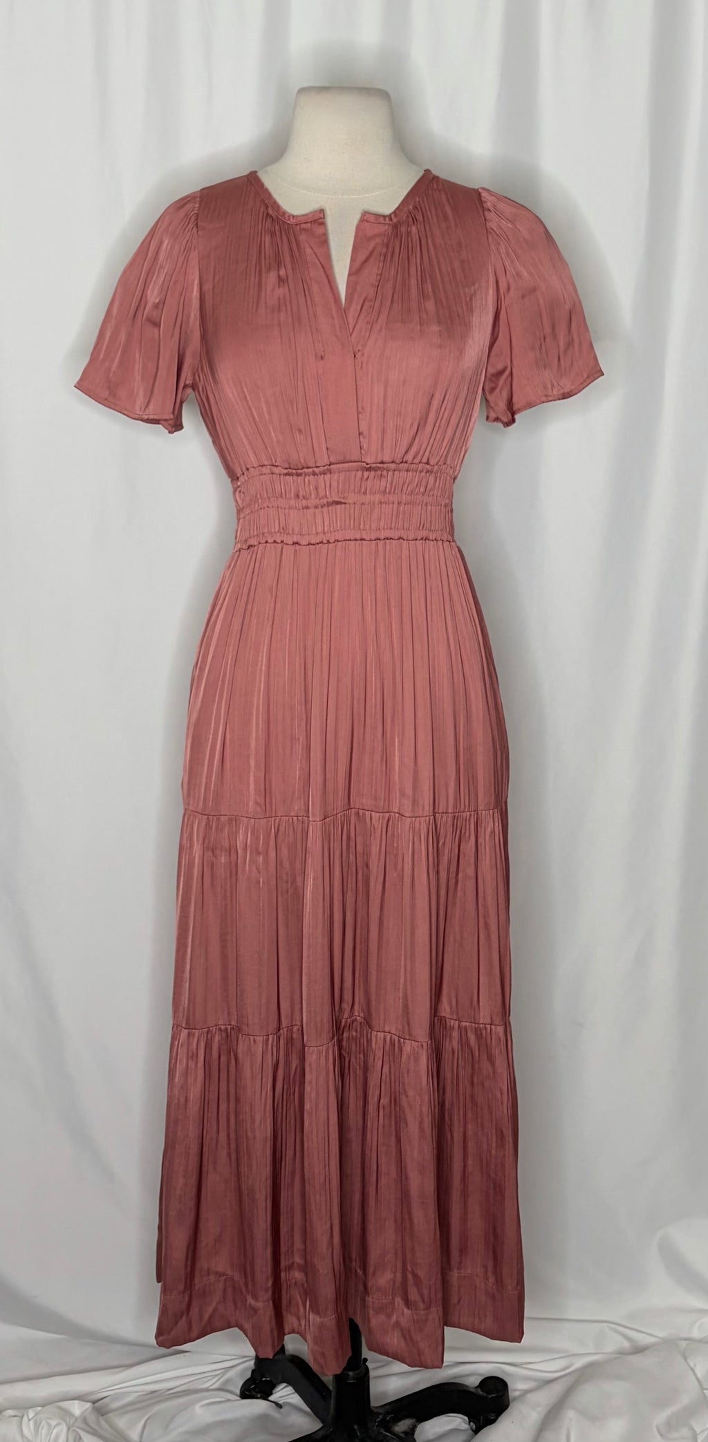 ANTHROPOLOGIE Somerset Satin Maxi Dress Rose Pink Mauve X-Small Petite XSP