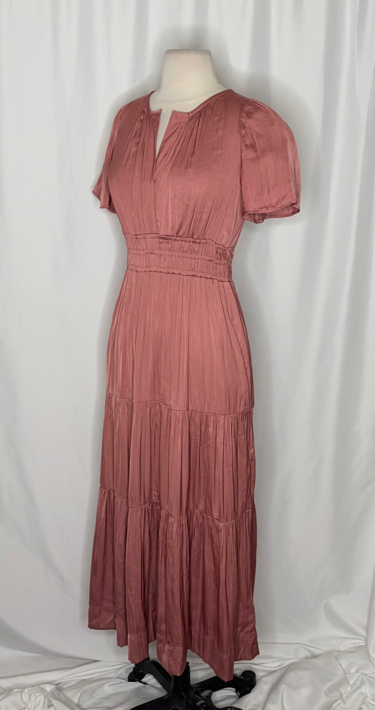 ANTHROPOLOGIE Somerset Satin Maxi Dress Rose Pink Mauve X-Small Petite XSP