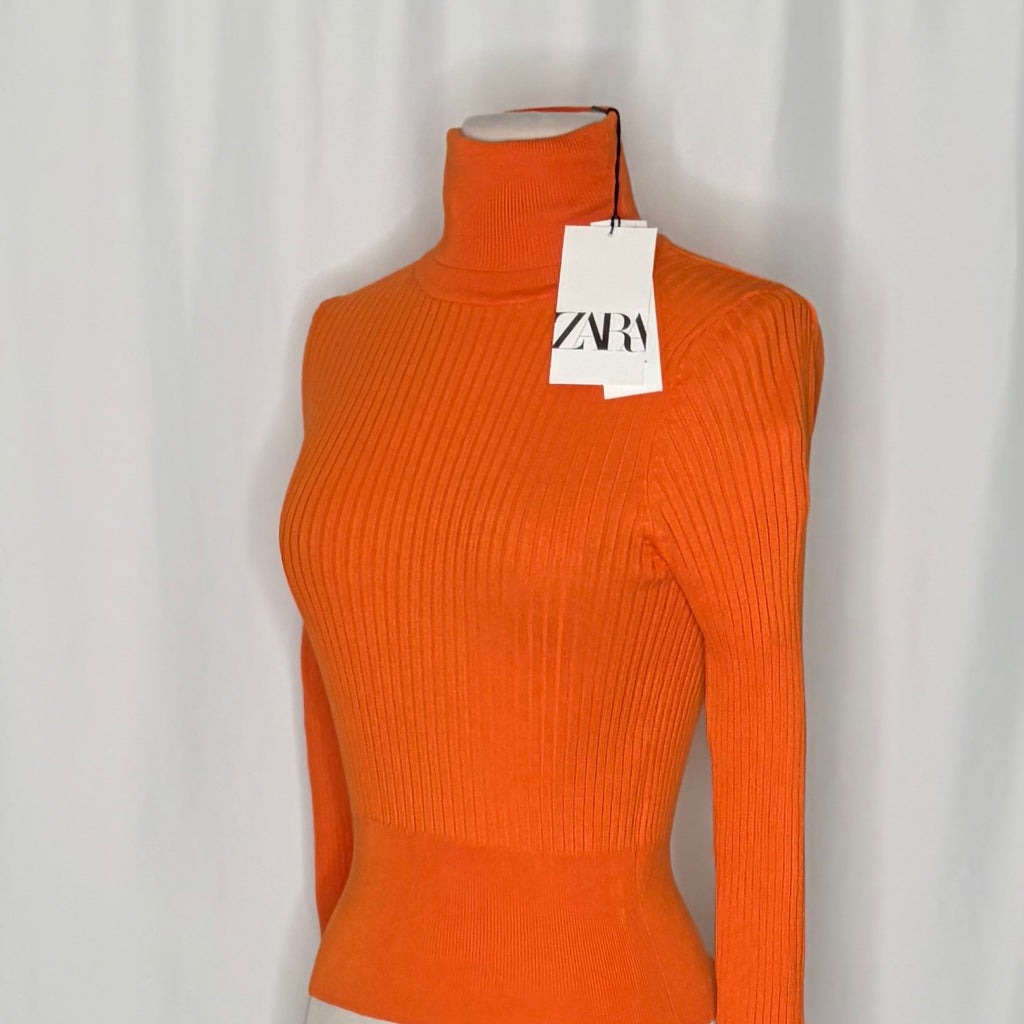 NWT!! ZARA Ribbed Turtleneck Sweater Bright Orange Fitted Knit Cropped Small