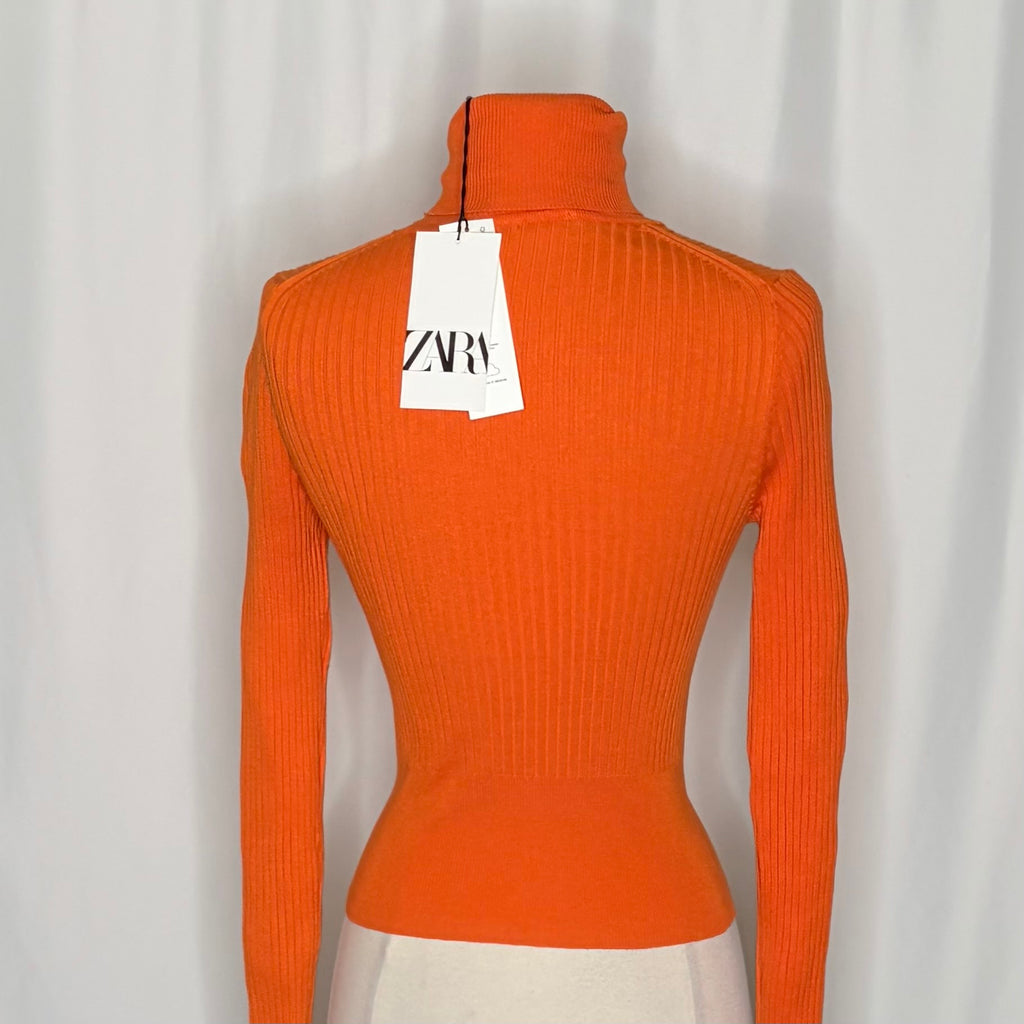 NWT!! ZARA Ribbed Turtleneck Sweater Bright Orange Fitted Knit Cropped Small