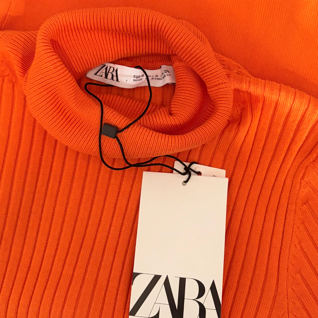 NWT!! ZARA Ribbed Turtleneck Sweater Bright Orange Fitted Knit Cropped Small
