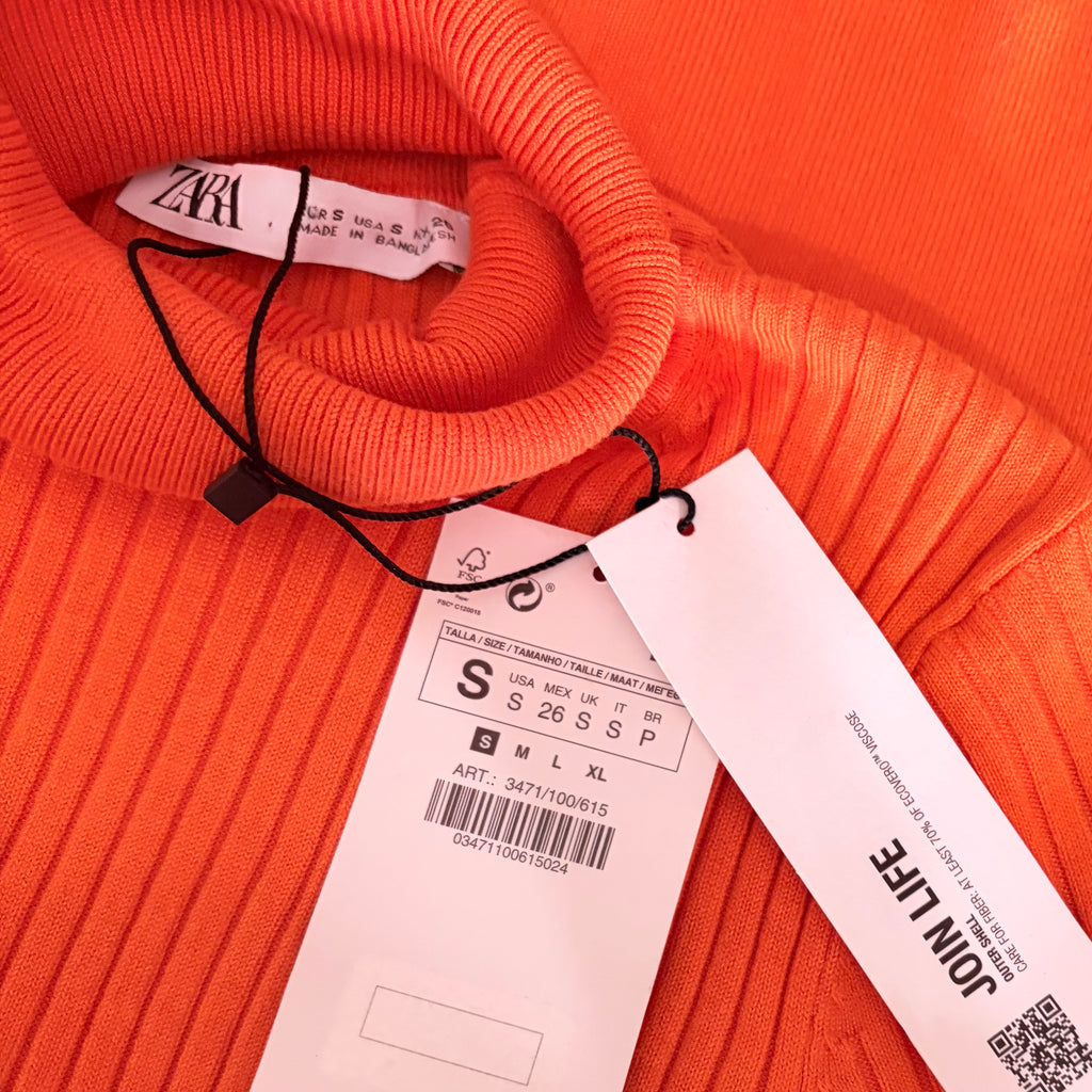 NWT!! ZARA Ribbed Turtleneck Sweater Bright Orange Fitted Knit Cropped Small