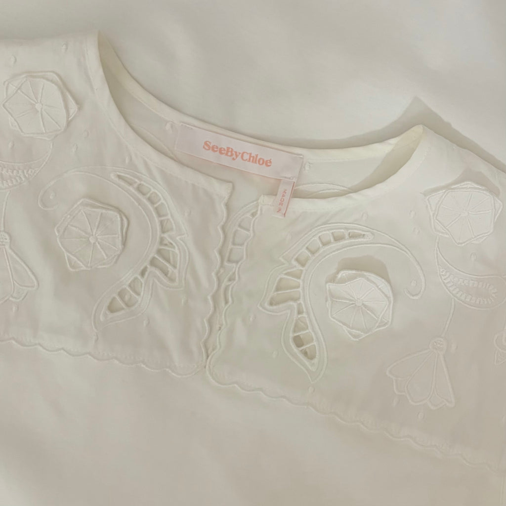 SEE BY CHLOÉ White Embroidered Lace Cutwork Yoked Knit Dress Solid Size Small