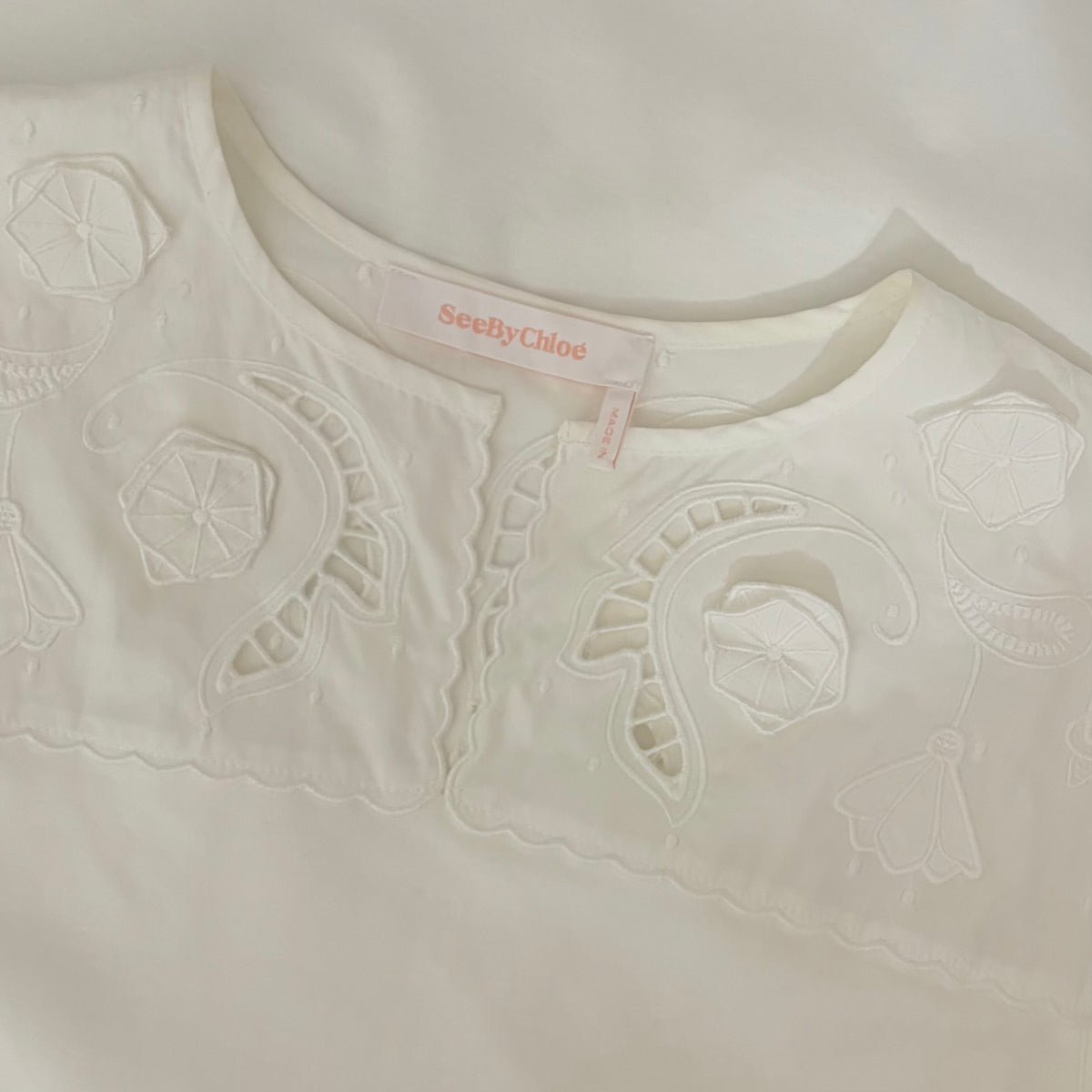 SEE BY CHLOÉ White Embroidered Lace Cutwork Yoked Knit Dress Solid Size Small