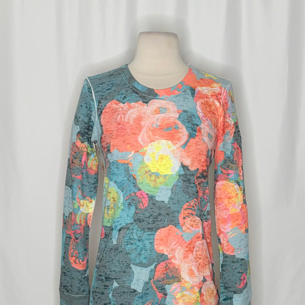 Sundance WHIMSY ROSE Coral Teal Floral Baby Waffle Thermal Top Small Made USA