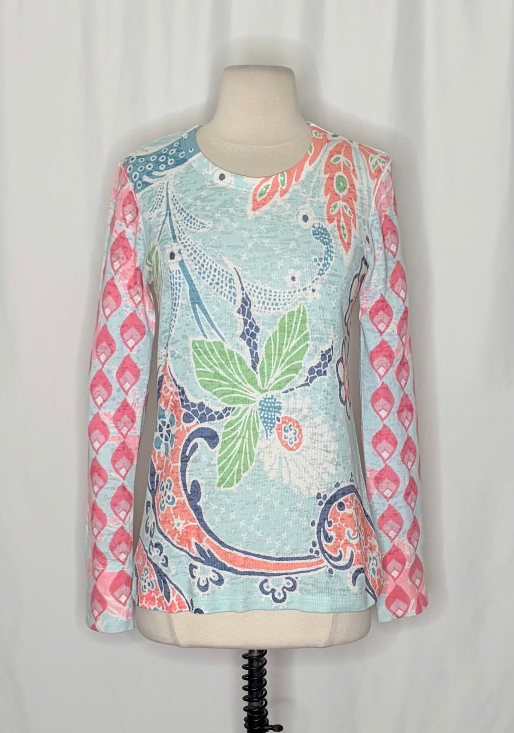 Sundance WHIMSY ROSE Aqua Coral Paisley Floral Baby Waffle Thermal Top Small USA