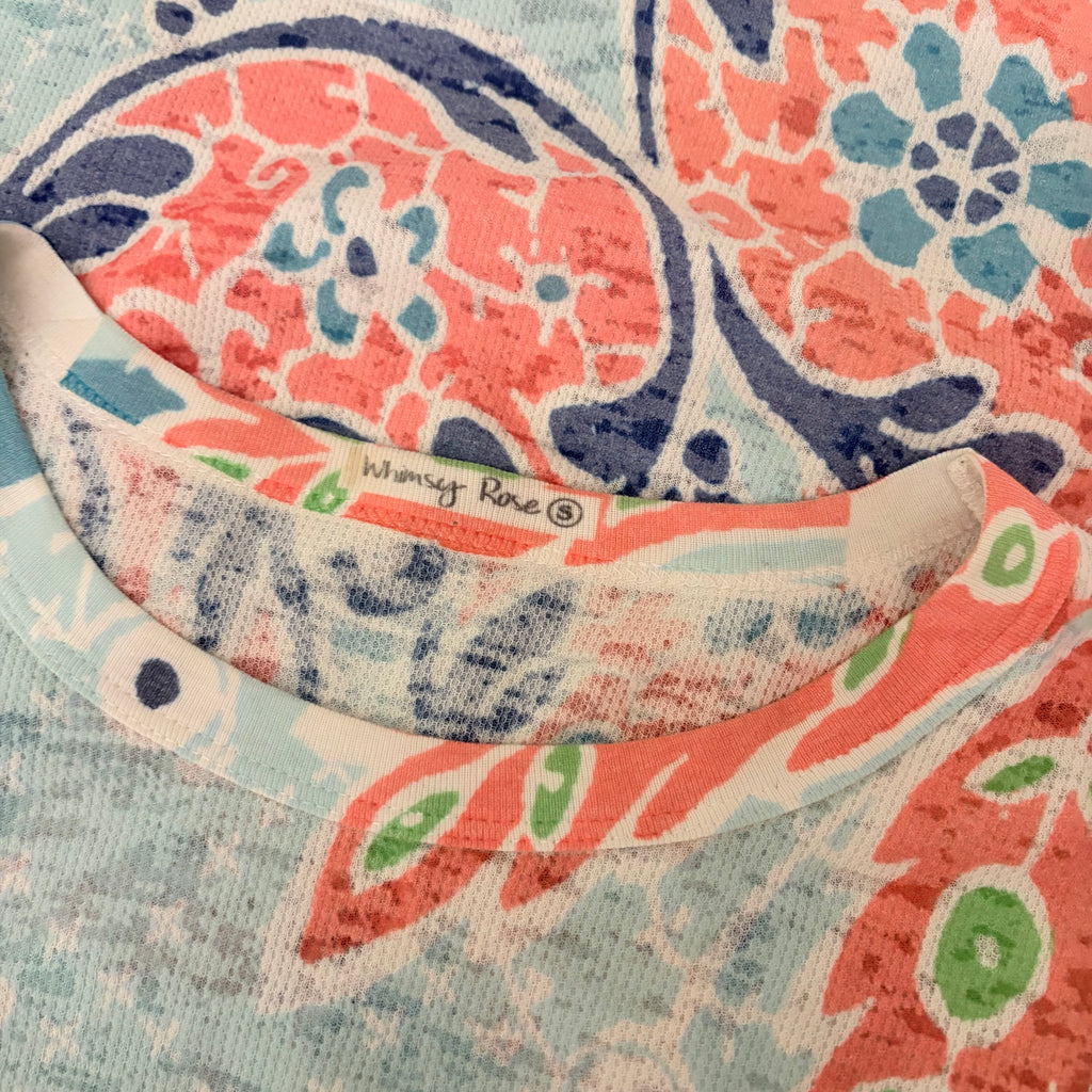 Sundance WHIMSY ROSE Aqua Coral Paisley Floral Baby Waffle Thermal Top Small USA