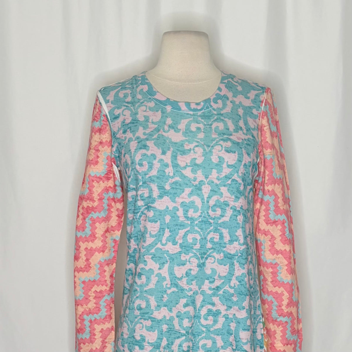 Sundance WHIMSY ROSE Aqua Pink Mixed Print Chevron Thermal Top Small Made in USA