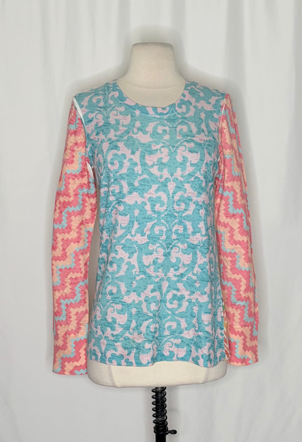 Sundance WHIMSY ROSE Aqua Pink Mixed Print Chevron Thermal Top Small Made in USA