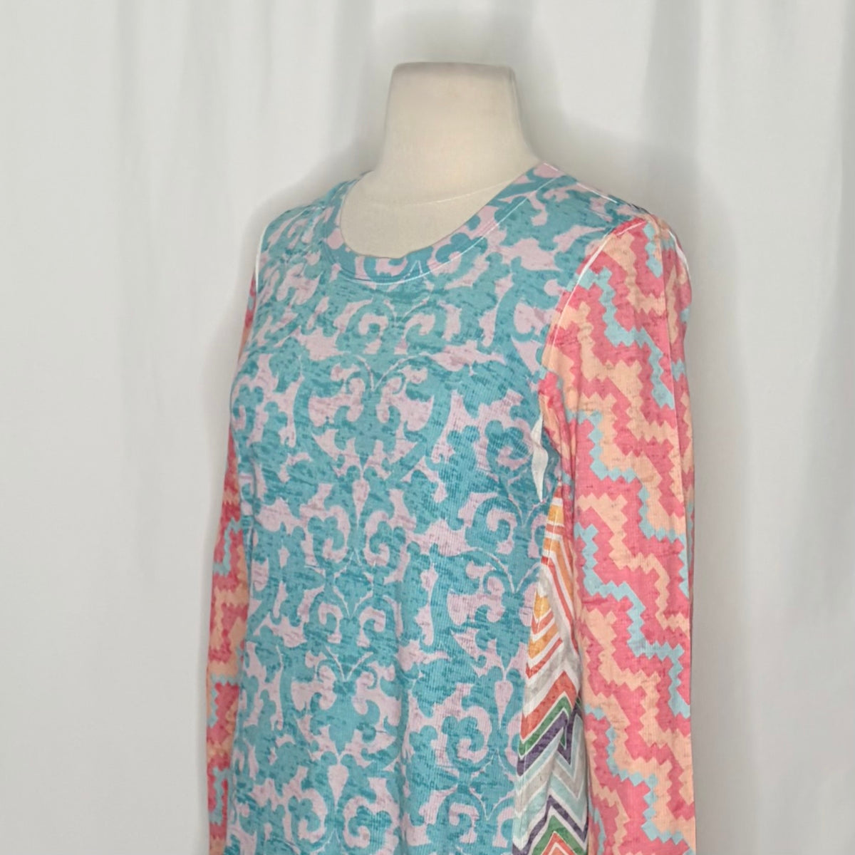 Sundance WHIMSY ROSE Aqua Pink Mixed Print Chevron Thermal Top Small Made in USA