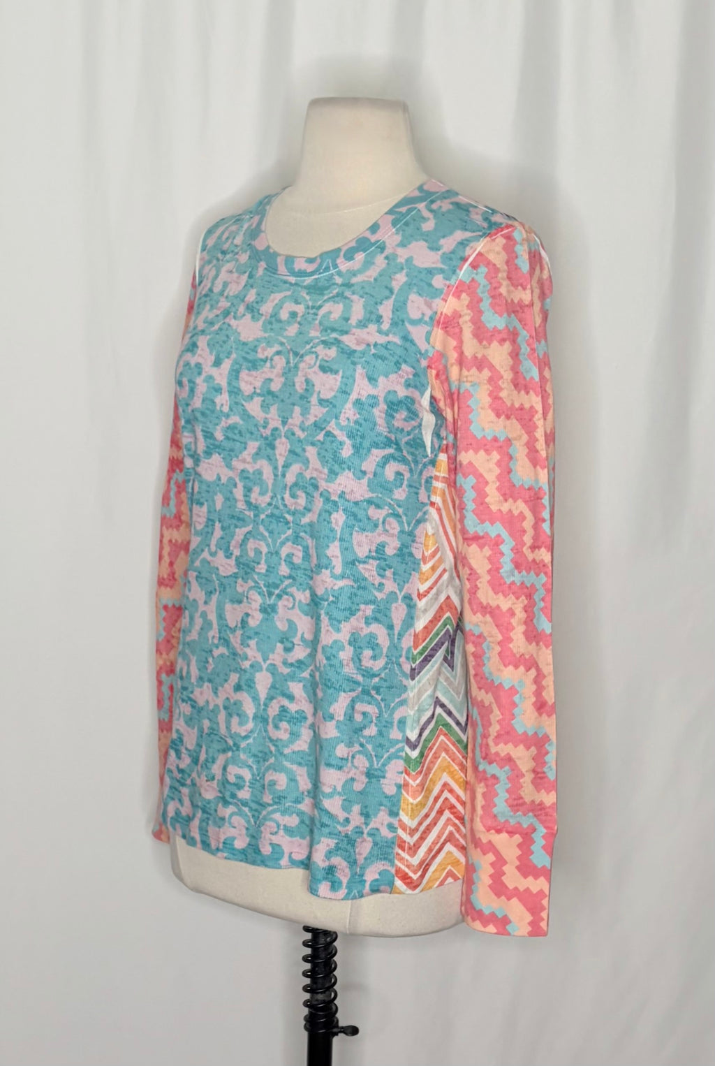 Sundance WHIMSY ROSE Aqua Pink Mixed Print Chevron Thermal Top Small Made in USA