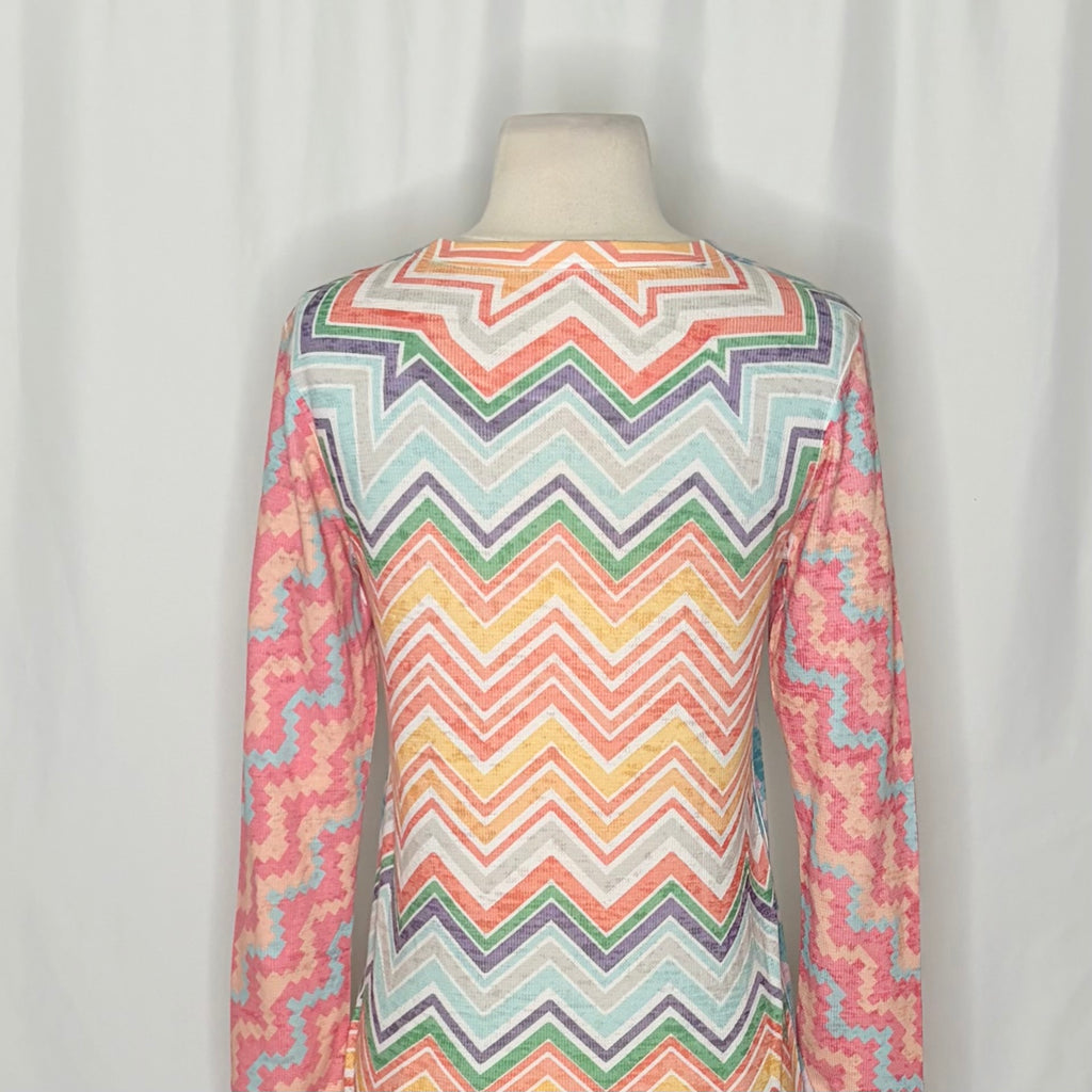 Sundance WHIMSY ROSE Aqua Pink Mixed Print Chevron Thermal Top Small Made in USA