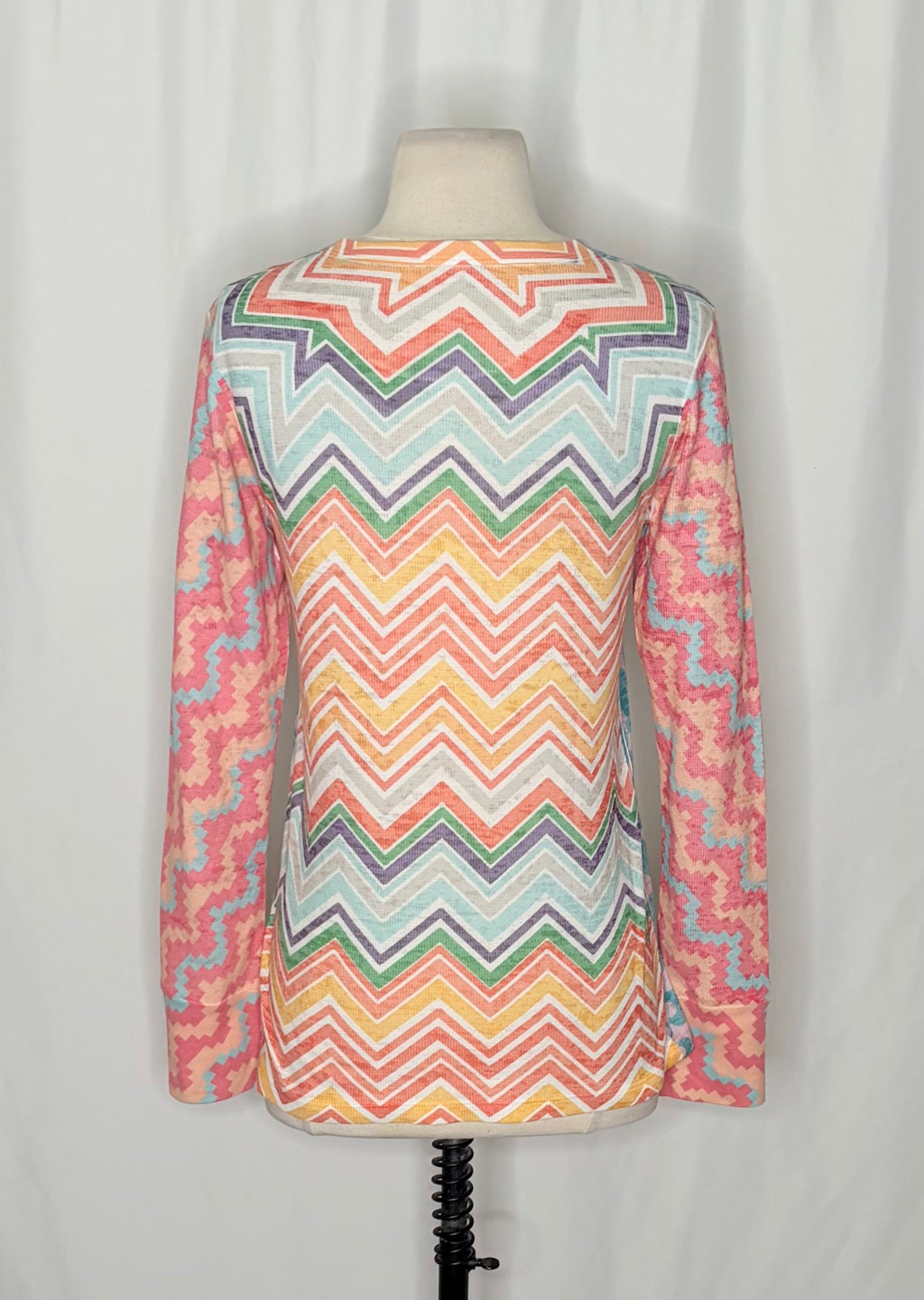 Sundance WHIMSY ROSE Aqua Pink Mixed Print Chevron Thermal Top Small Made in USA
