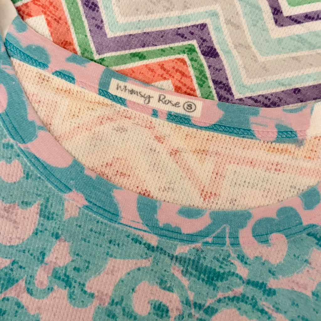 Sundance WHIMSY ROSE Aqua Pink Mixed Print Chevron Thermal Top Small Made in USA