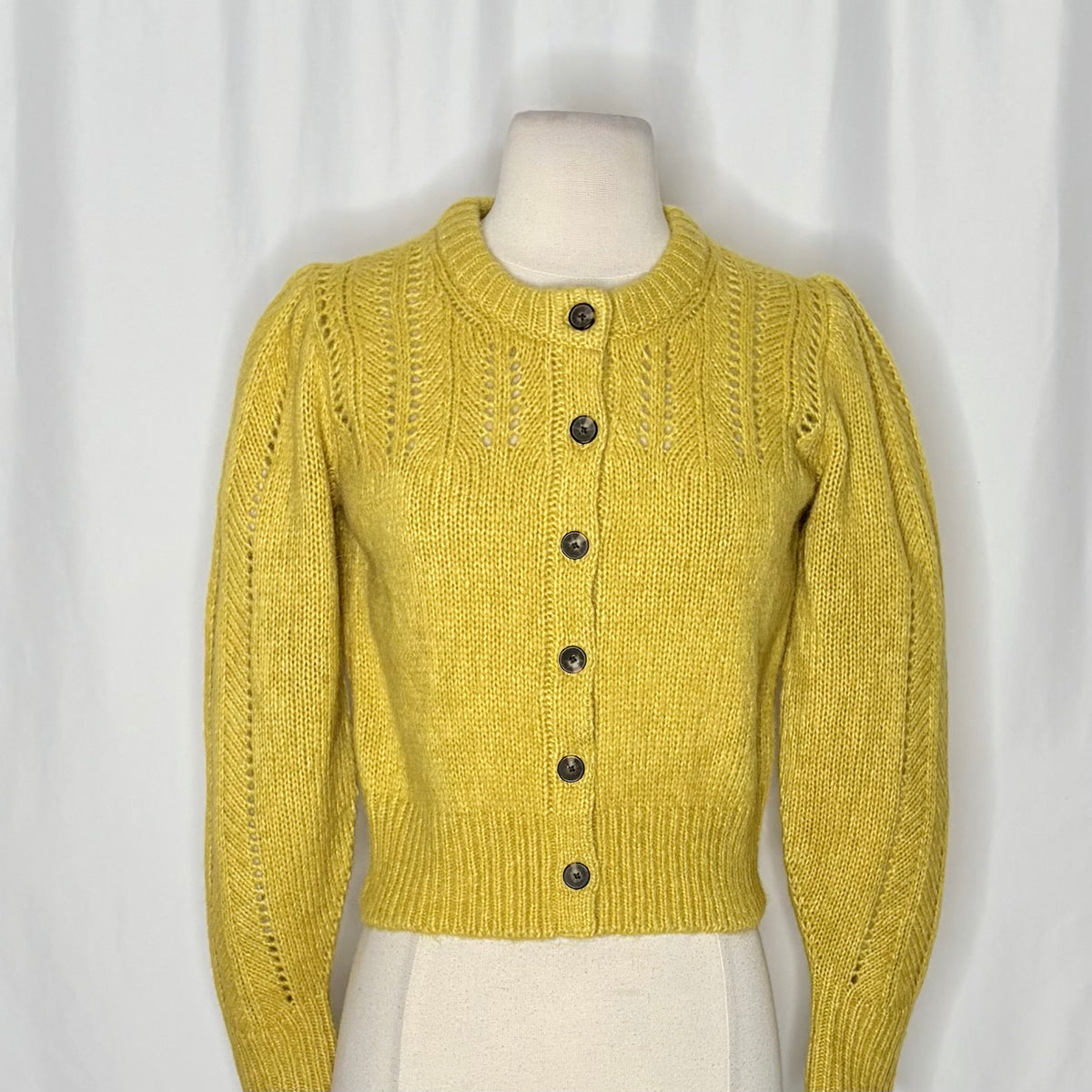EVERLANE Pointelle Cardigan Cloud Merino Wool Alpaca Puff Sleeve Yellow X-Small