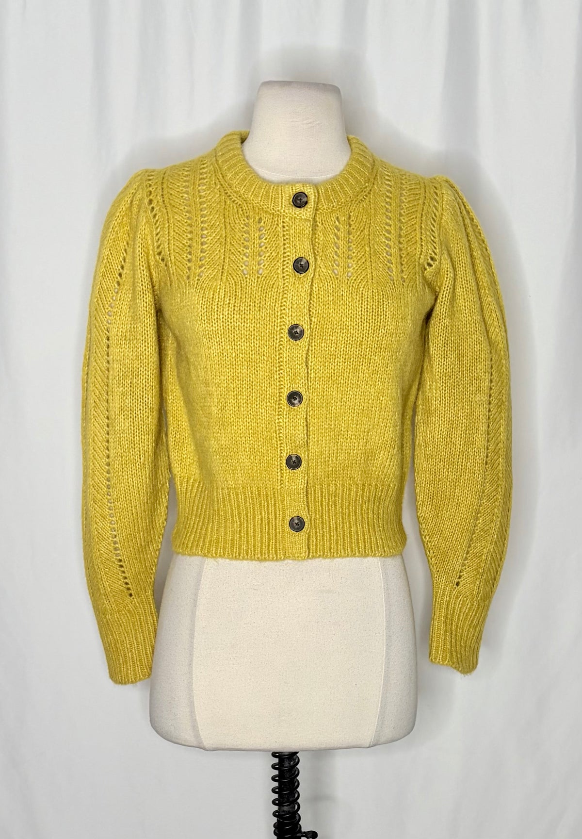 EVERLANE Pointelle Cardigan Cloud Merino Wool Alpaca Puff Sleeve Yellow X-Small
