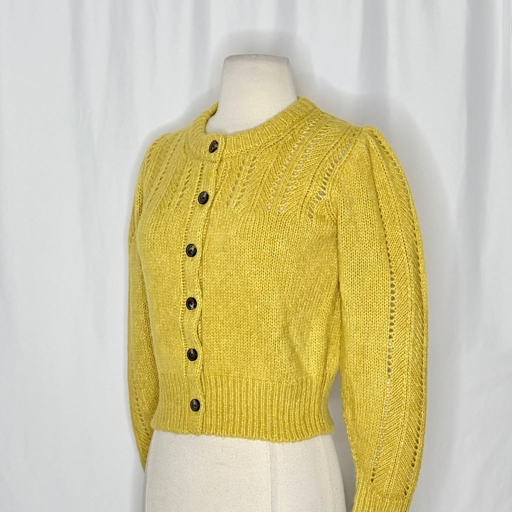 EVERLANE Pointelle Cardigan Cloud Merino Wool Alpaca Puff Sleeve Yellow X-Small