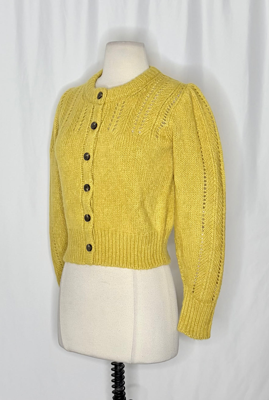 EVERLANE Pointelle Cardigan Cloud Merino Wool Alpaca Puff Sleeve Yellow X-Small