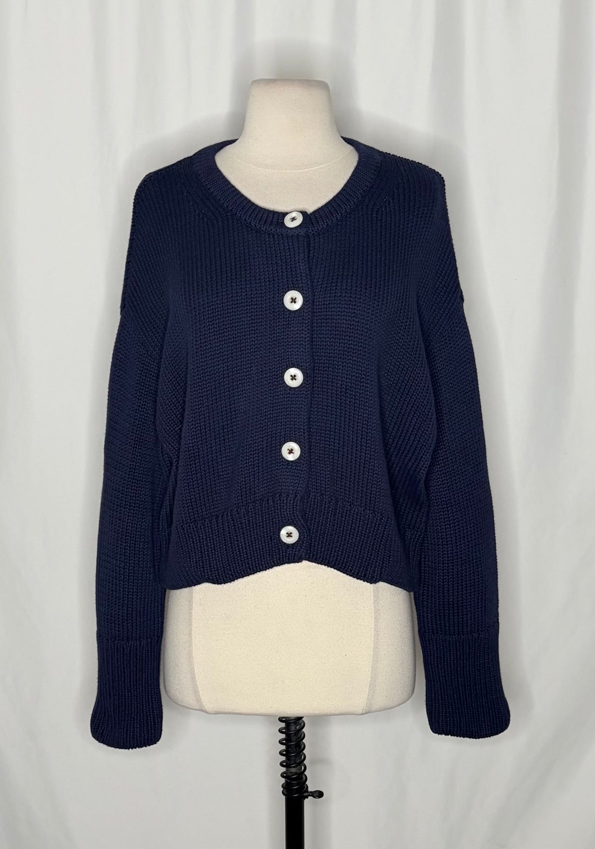 CAROLINE CONSTAS Navy Blue Cotton Cropped Cardigan Sweater Quiet Luxury Medium
