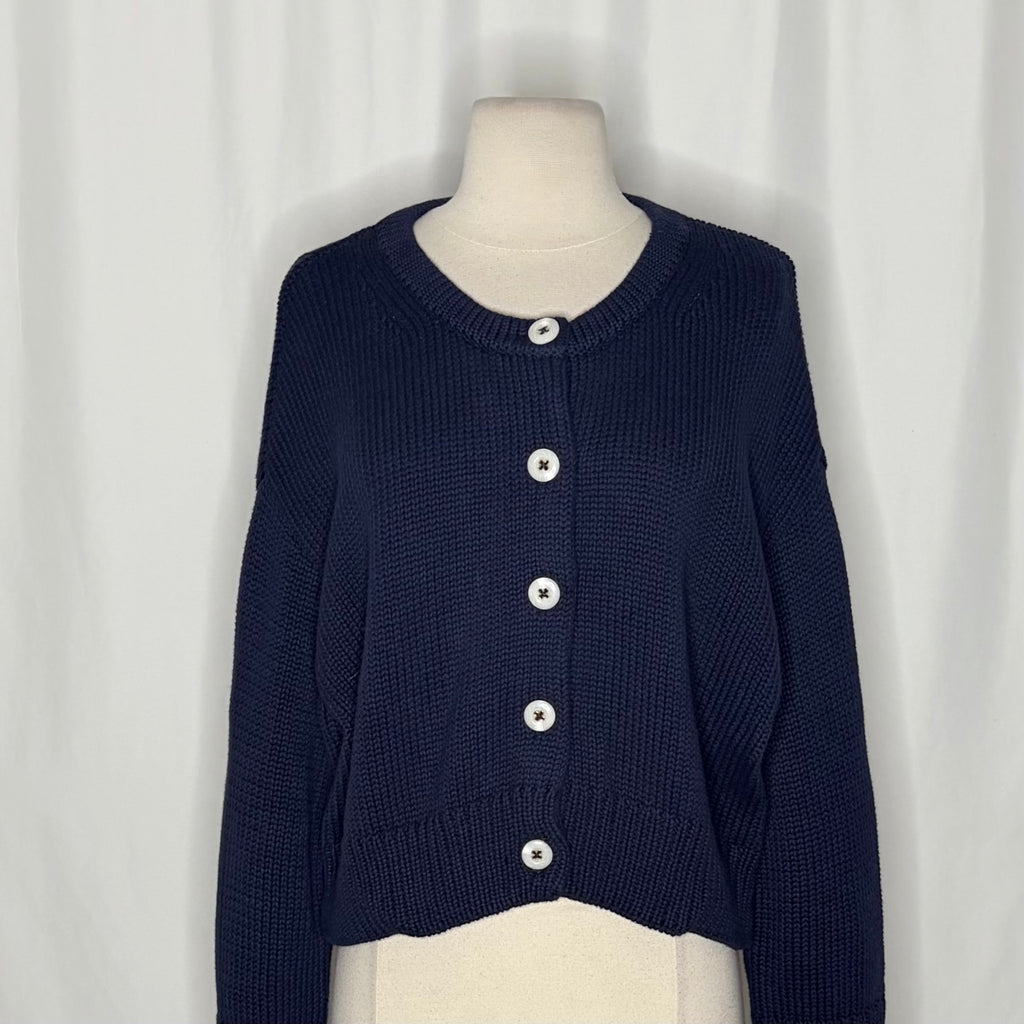 CAROLINE CONSTAS Navy Blue Cotton Cropped Cardigan Sweater Quiet Luxury Medium