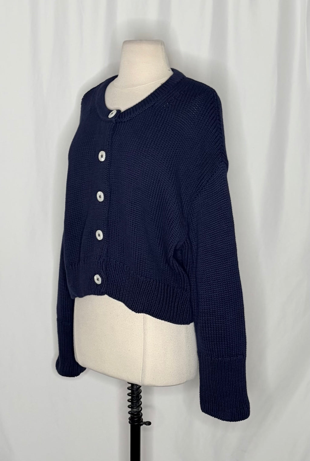CAROLINE CONSTAS Navy Blue Cotton Cropped Cardigan Sweater Quiet Luxury Medium