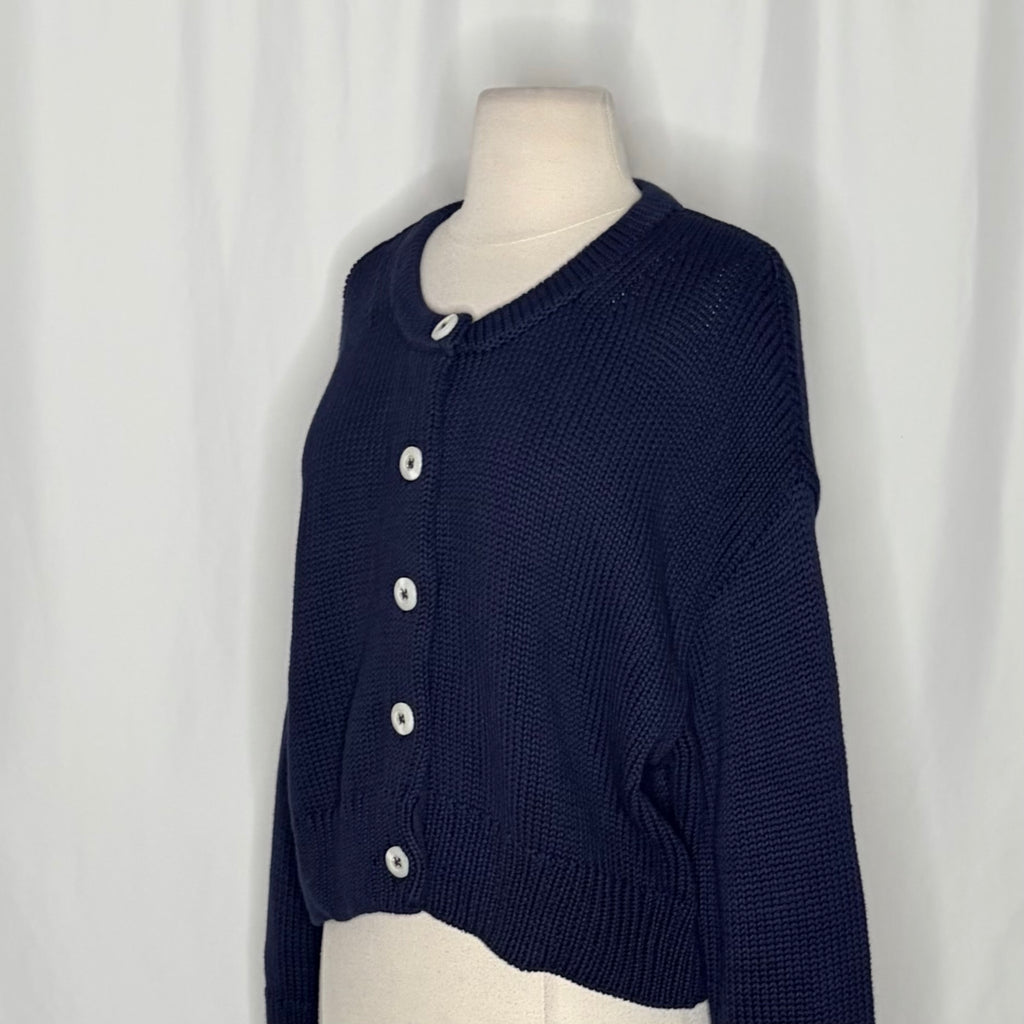 CAROLINE CONSTAS Navy Blue Cotton Cropped Cardigan Sweater Quiet Luxury Medium