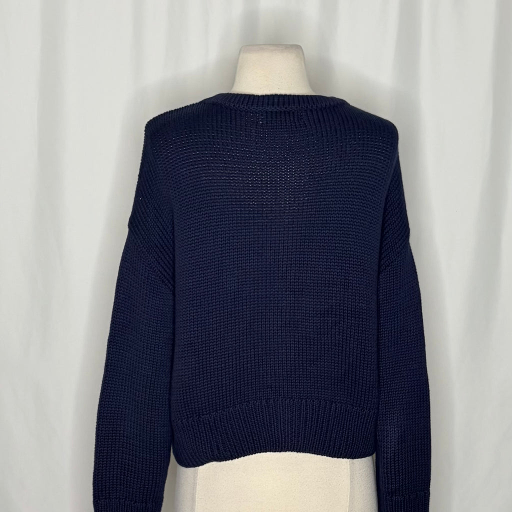 CAROLINE CONSTAS Navy Blue Cotton Cropped Cardigan Sweater Quiet Luxury Medium